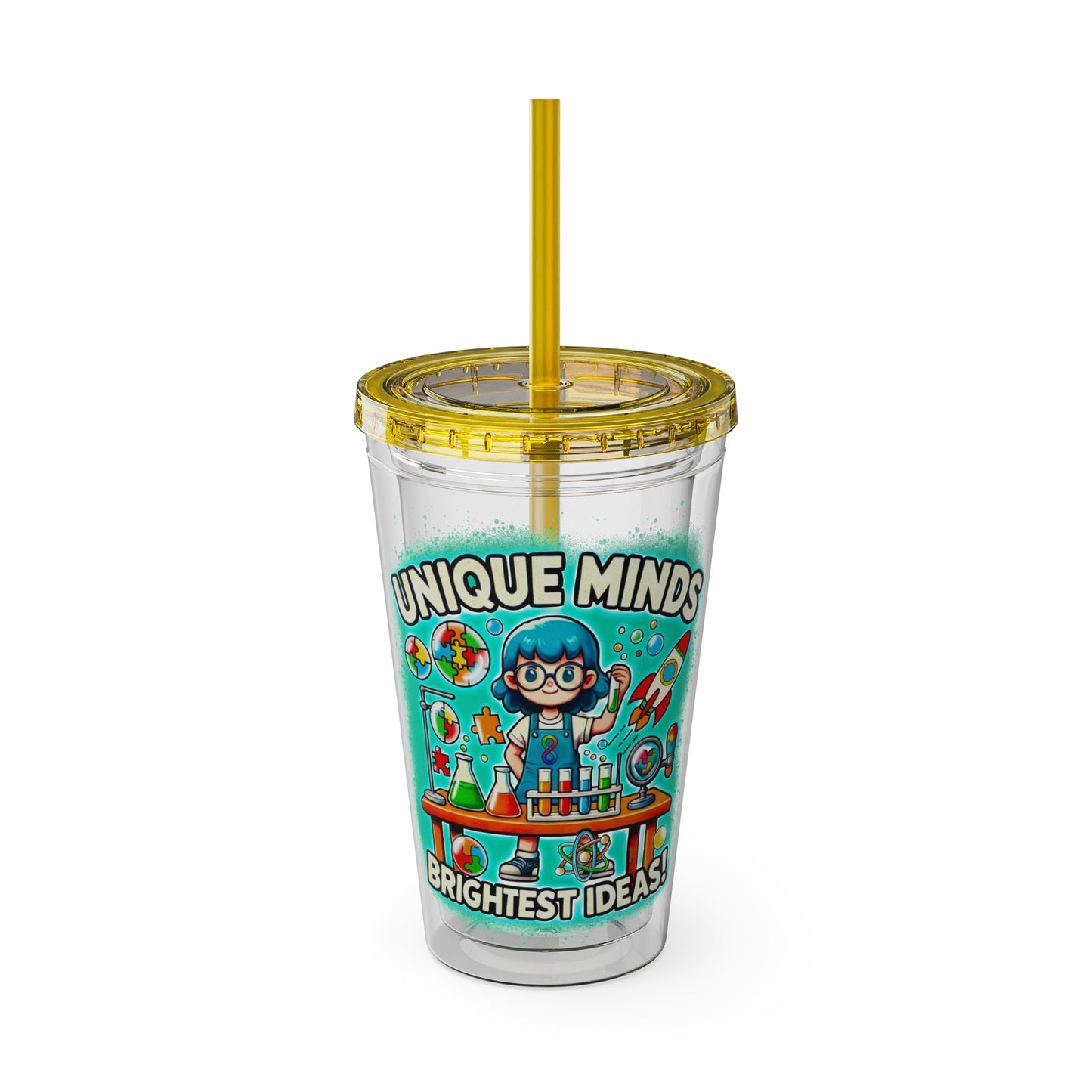 Unique Minds, Bright Ideas - Girl Scientist  -Sunsplash Tumbler with Straw, 16oz