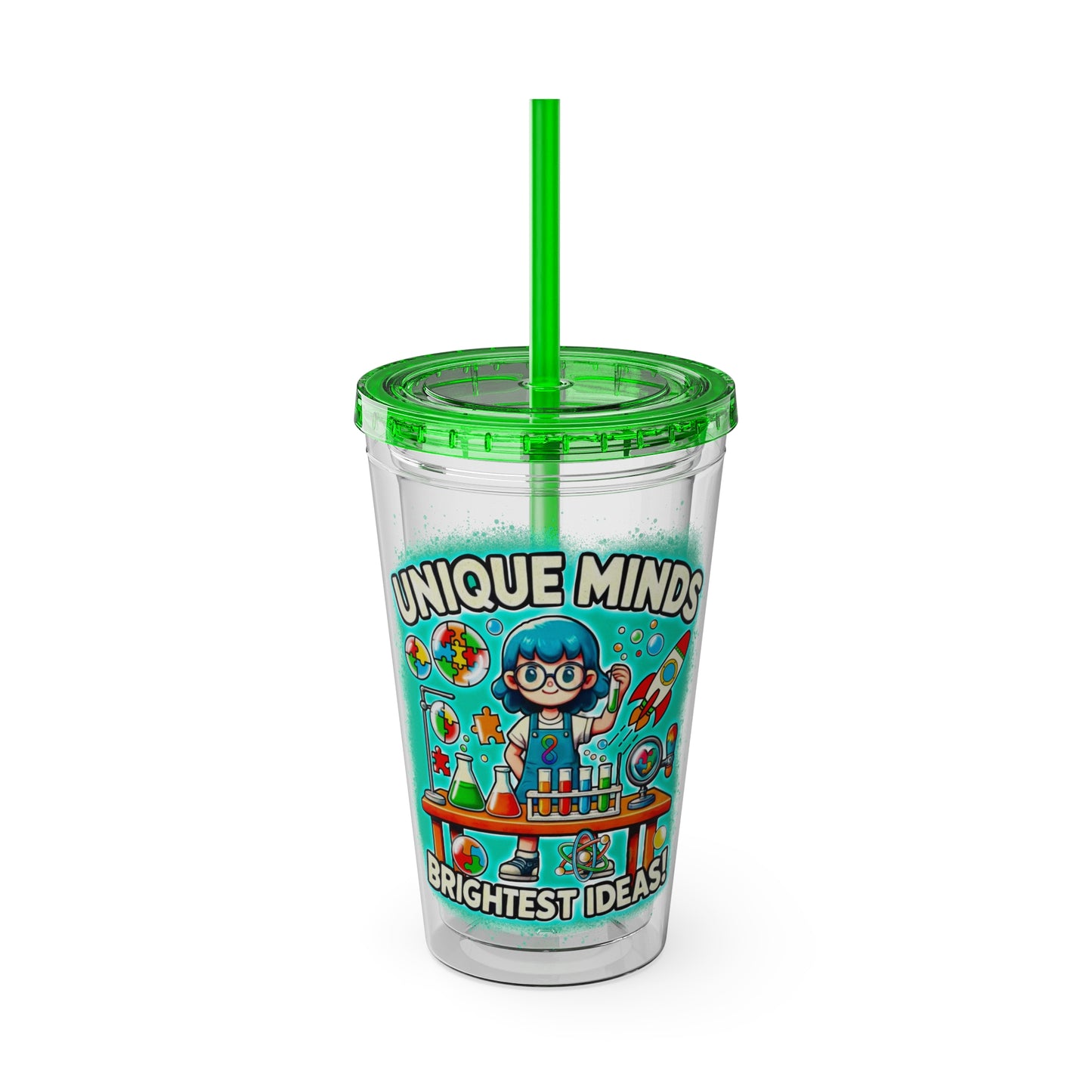 Unique Minds, Bright Ideas - Girl Scientist  -Sunsplash Tumbler with Straw, 16oz