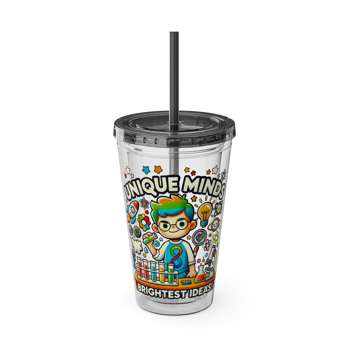 Unique Minds, Brightest Ideas - Boy Scientist - Sunsplash Tumbler with Straw, 16oz