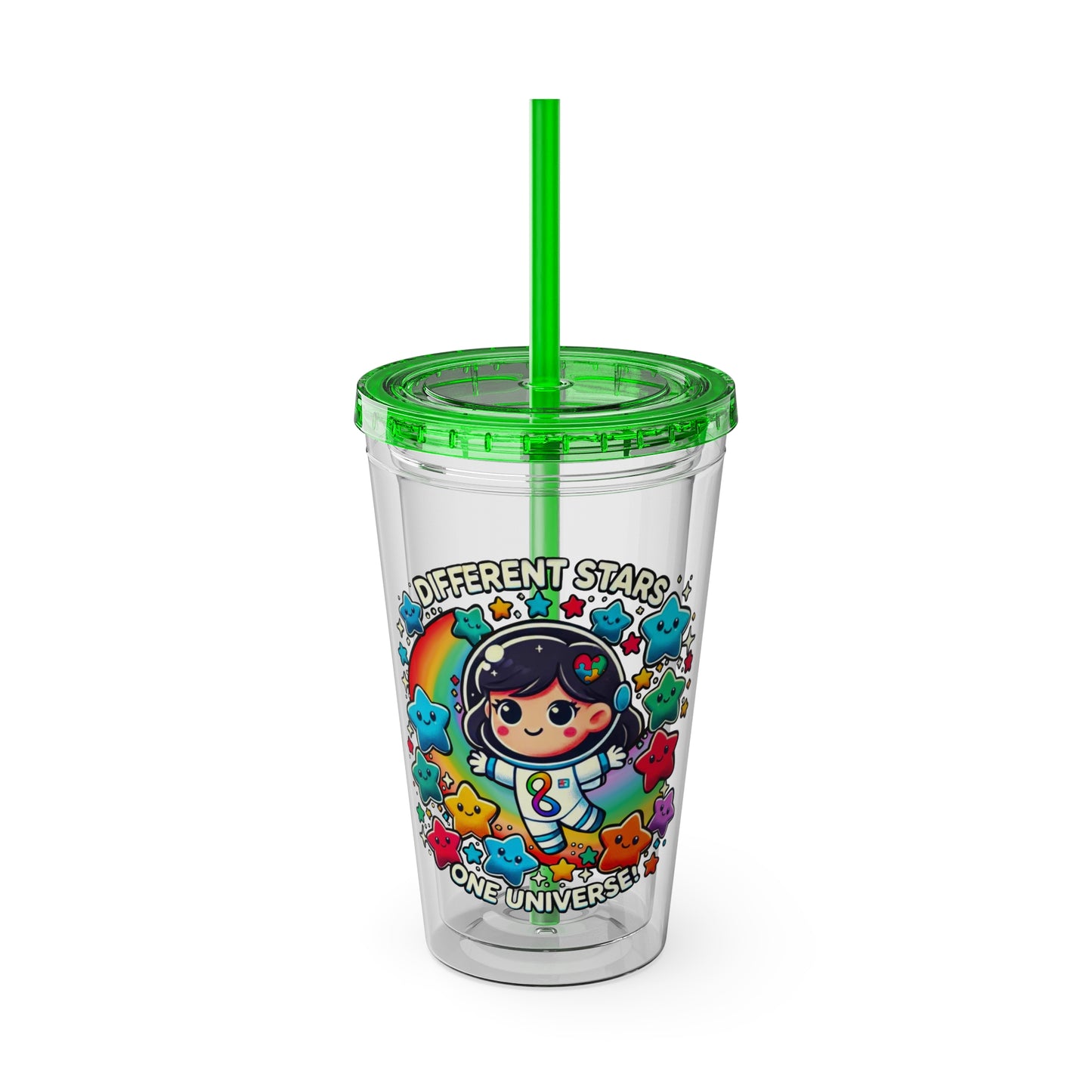 Different Stars, One Universe - Girl Astronaut -Sunsplash Tumbler with Straw, 16oz