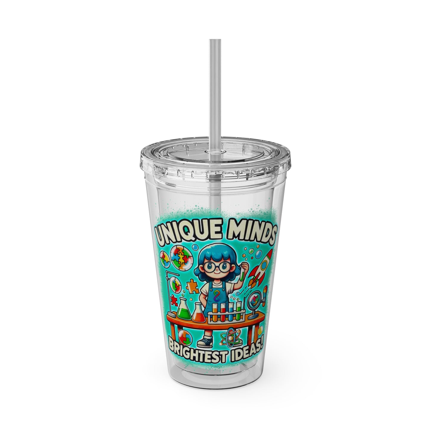 Unique Minds, Bright Ideas - Girl Scientist  -Sunsplash Tumbler with Straw, 16oz