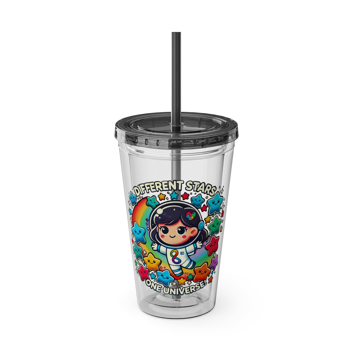 Different Stars, One Universe - Girl Astronaut -Sunsplash Tumbler with Straw, 16oz