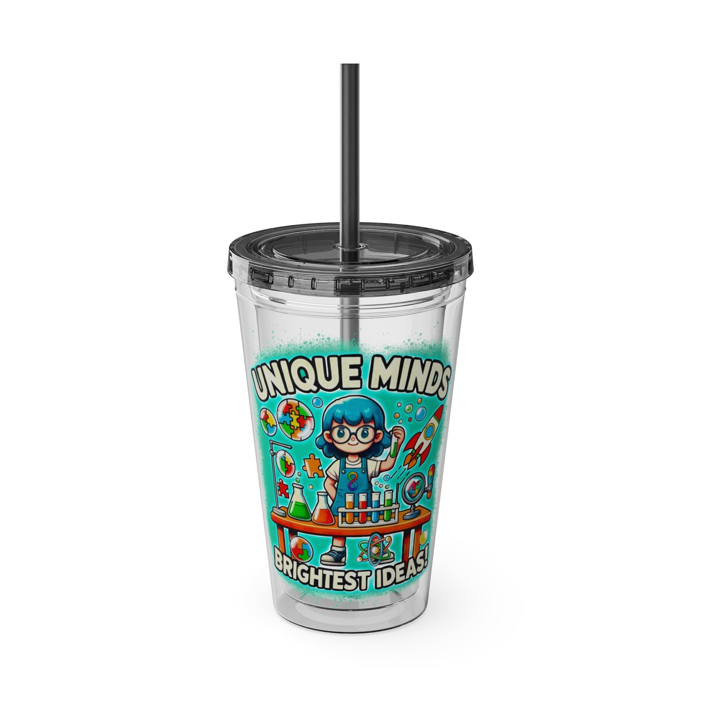 Unique Minds, Bright Ideas - Girl Scientist  -Sunsplash Tumbler with Straw, 16oz