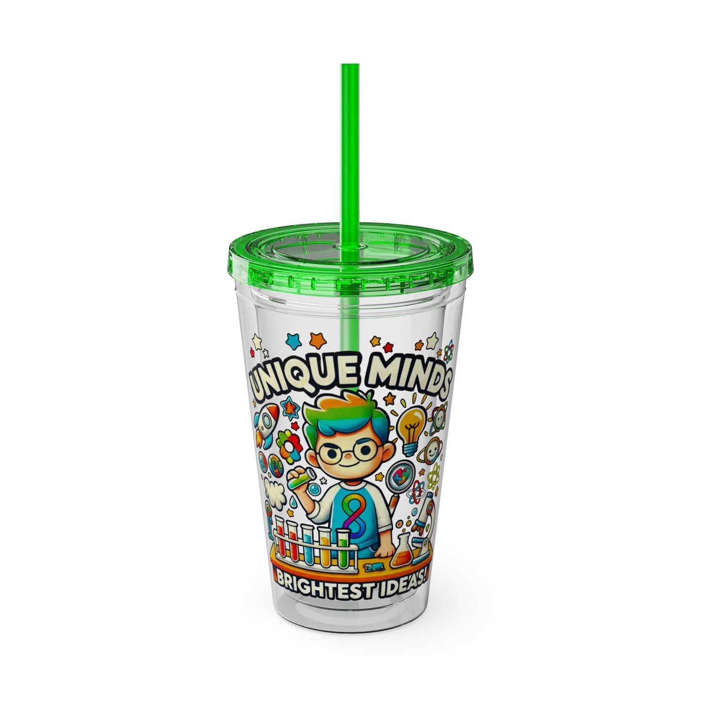 Unique Minds, Brightest Ideas - Boy Scientist - Sunsplash Tumbler with Straw, 16oz