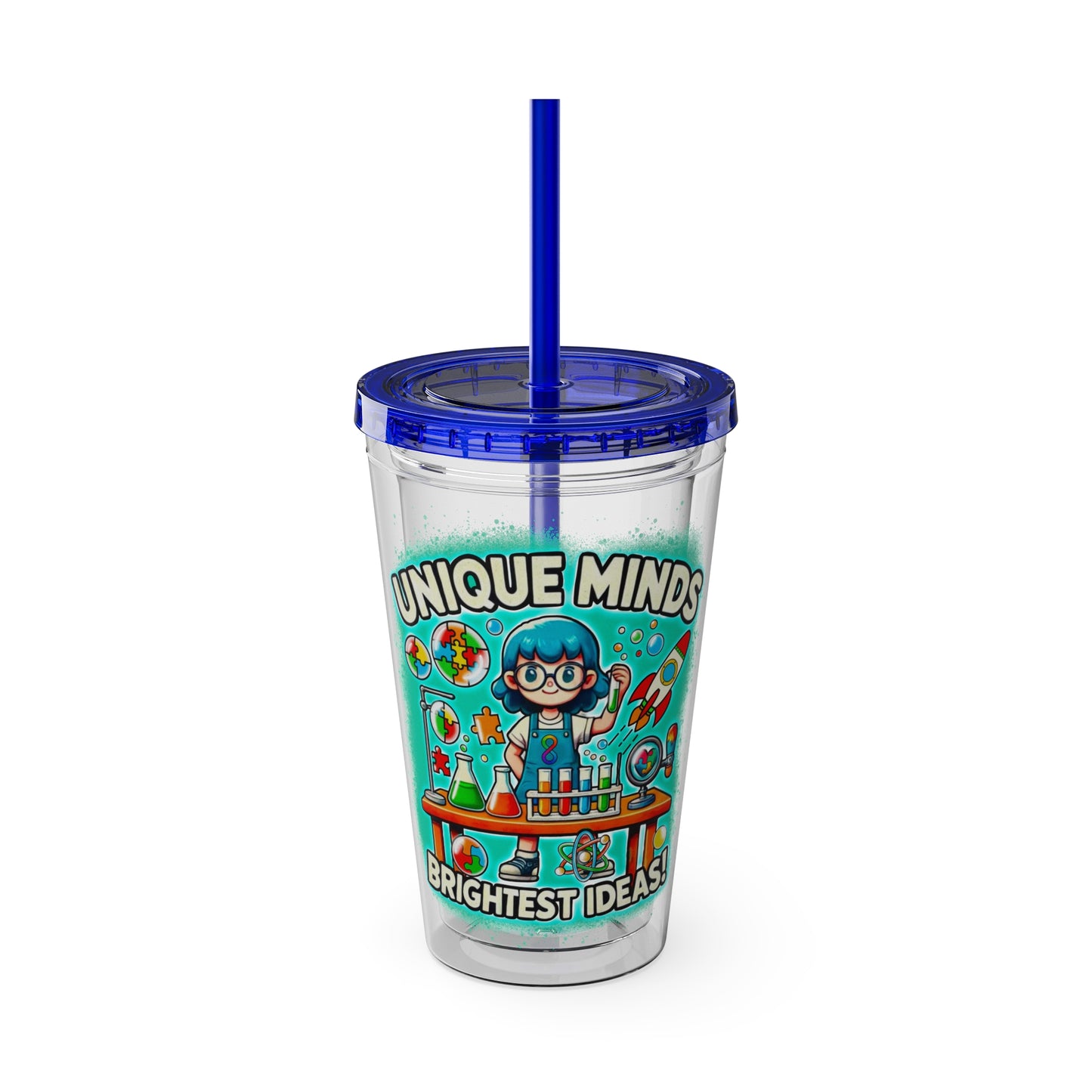 Unique Minds, Bright Ideas - Girl Scientist  -Sunsplash Tumbler with Straw, 16oz