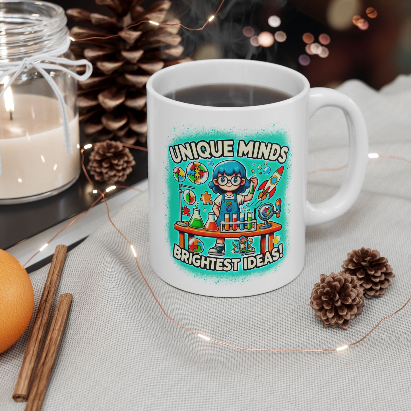 Unique Minds, Brightest Ideas - Girl Scientist - Ceramic Mug, (11oz)