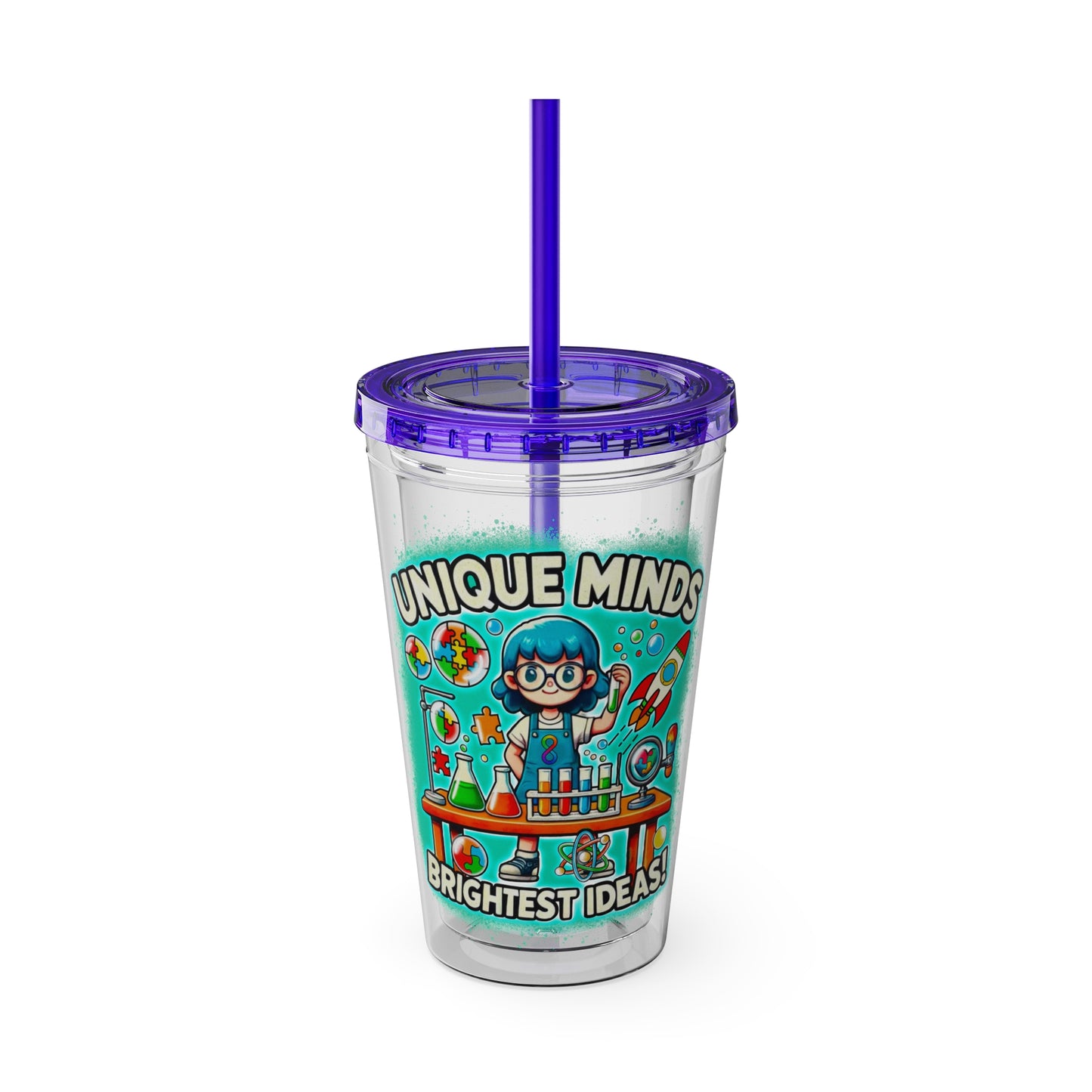 Unique Minds, Bright Ideas - Girl Scientist  -Sunsplash Tumbler with Straw, 16oz