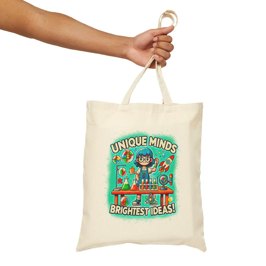 Unique Minds, Bright Ideas - Girl Scientist - Cotton Canvas Tote Bag