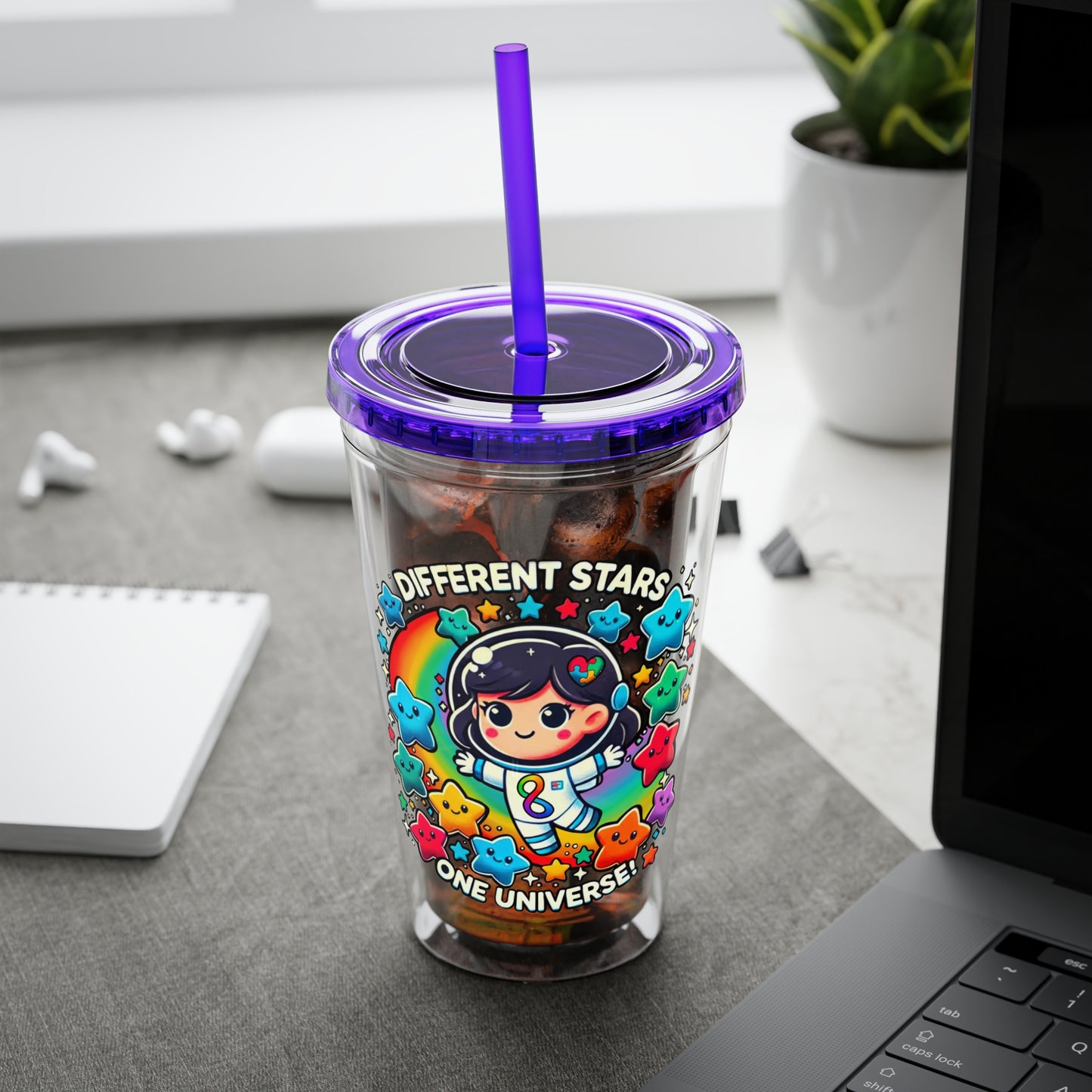 Different Stars, One Universe - Girl Astronaut -Sunsplash Tumbler with Straw, 16oz