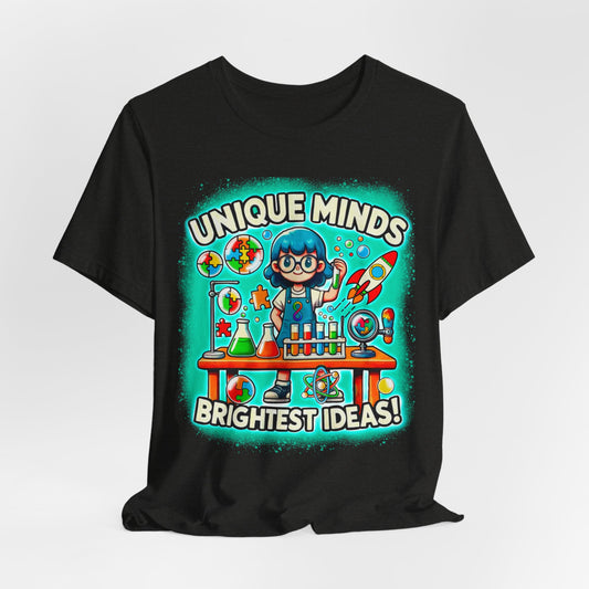 Unique Minds, Brightest Ideas -  Girl Scientist - Adult Short Sleeve Tee