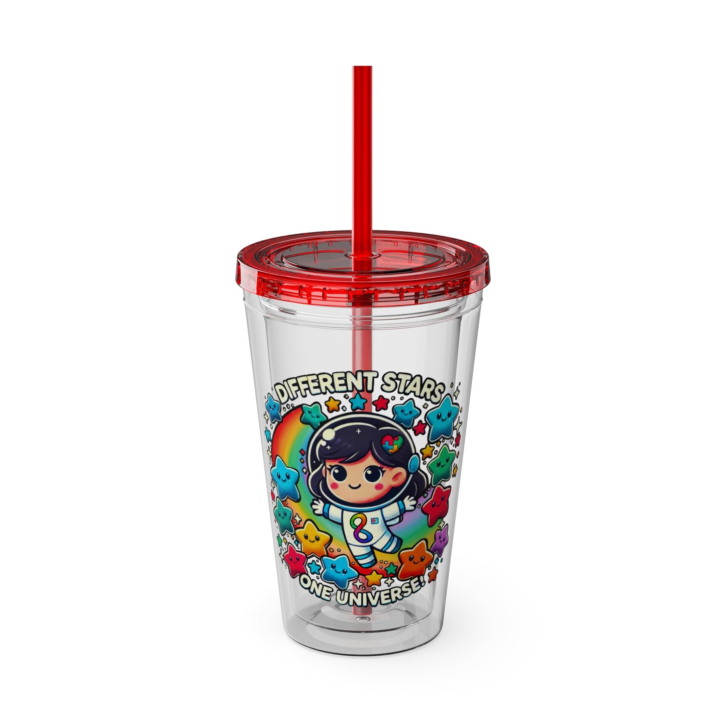 Different Stars, One Universe - Girl Astronaut -Sunsplash Tumbler with Straw, 16oz